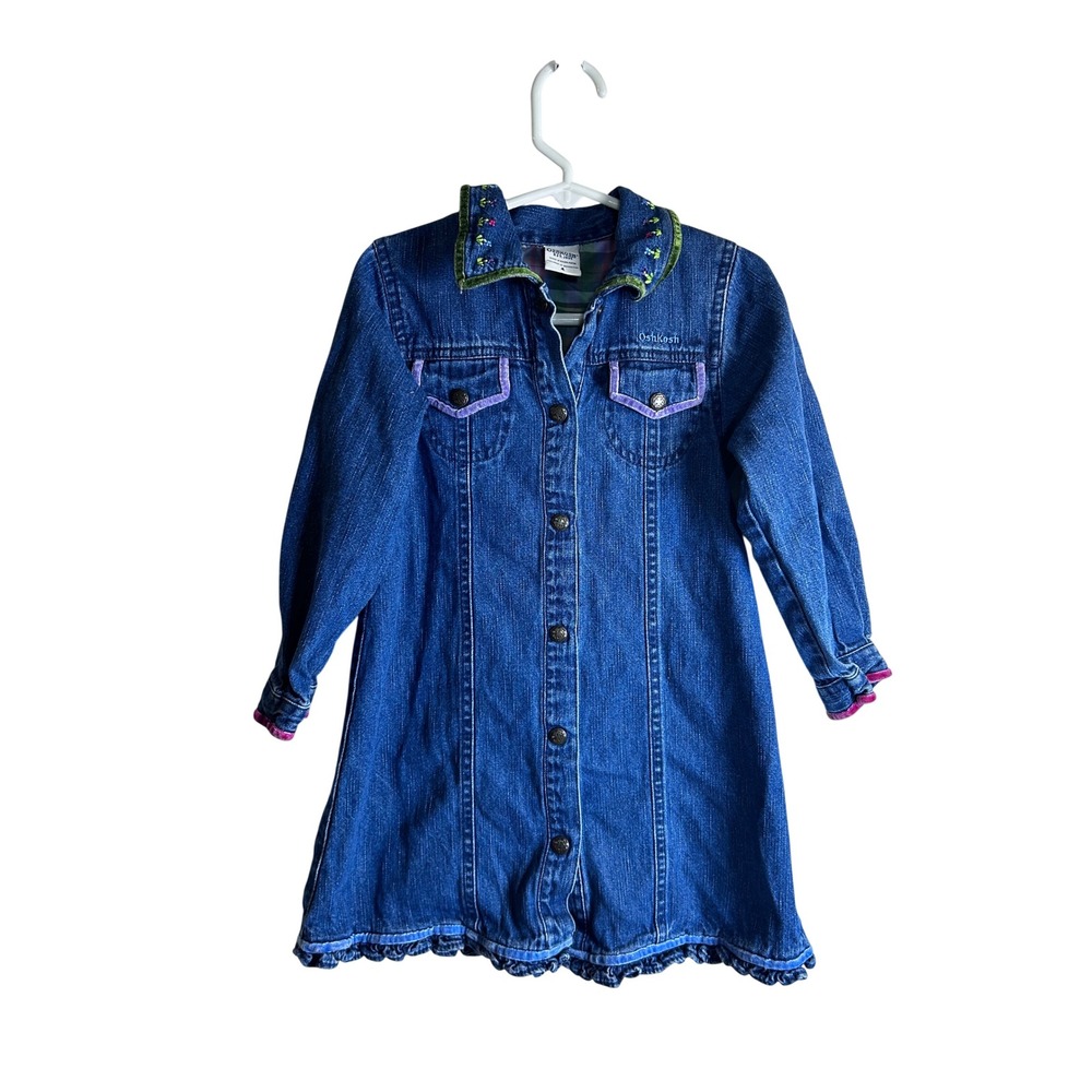 OshKosh Denim Dress 4 Blue Floral Embroidered Velvet Trim Ruffle Kids